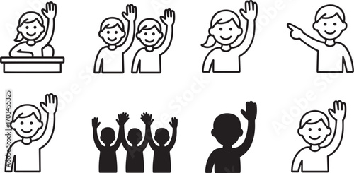 Enthusiastic Student Raising Hand in Classroom Line Art Illustration for Education and Participation