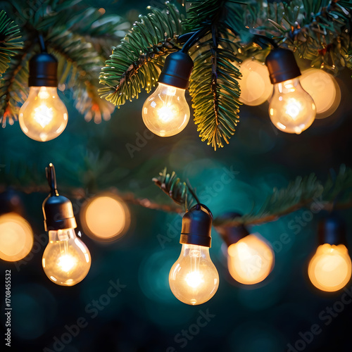 Warm Christmas String Lights on Pine Tree Branches