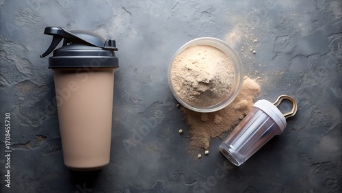A protein shaker bottle with powder and a scoop on a dark textured background, representing fitness and nutrition