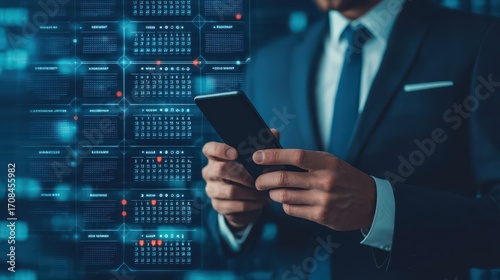 A businessman holds a smartphone, surrounded by a digital calendar interface, symbolizing time management and technology in the workplace.