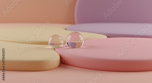 Pastel Colored Platforms with Glass Spheres: A Minimalist 3D Render