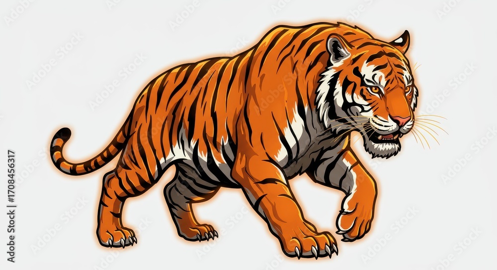 Obraz premium A powerful tiger, highlighted with orange and black stripes, strides majestically across a neutral background.