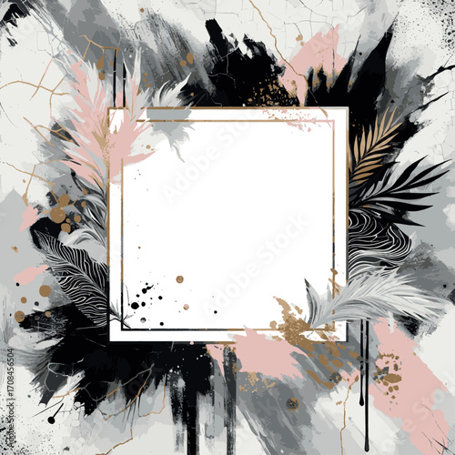  Abstract artistic composition with feather details, gold and black strokes, and pink accents. Ideal for invitations, design elements, or creating luxury and creative art-inspired materials
