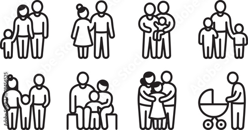 Family Icon Set Depicting Parents with Children in Various Arrangements on a Transparent Backdrop