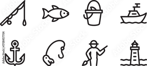 Fishing Adventure Icons Set Outlined Vector Illustration for Outdoor Recreation and Nautical Themes