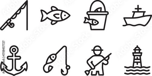 Fishing Catch Icons Set Outlined Vector Illustration for Outdoor Recreation and Nautical Themes