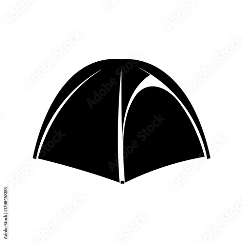Stylized black and white camping tent illustration with curved design elements