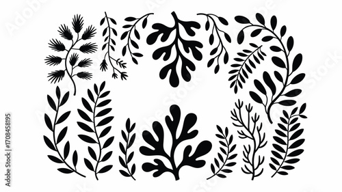Algae and Seaweed Vector Collection,  Black Silhouette Underwater Plants, Ocean Flora Botanical Illustrations, Abstract Aquatic Elements for Design, Marine Inspired Nature Vector Shapes Set