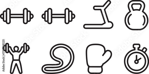 Fitness and Workout Icons Set Dumbbell Treadmill Kettlebell Weightlifting Boxing Stopwatch