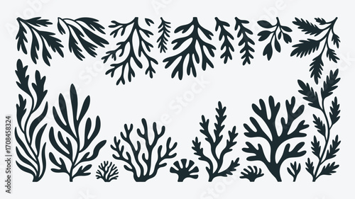 Abstract Algae Seaweed Shapes Vector Set,  Collection of Black Silhouette Underwater Plants, Marine Flora Elements for Ocean Design, Botanical Illustrations, Seaweed Pattern, Nature Inspired Artwork