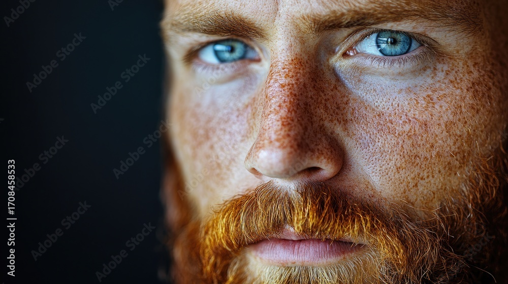 Obraz premium Close-up redhead man with freckles and blue eyes, intense stare, dark background