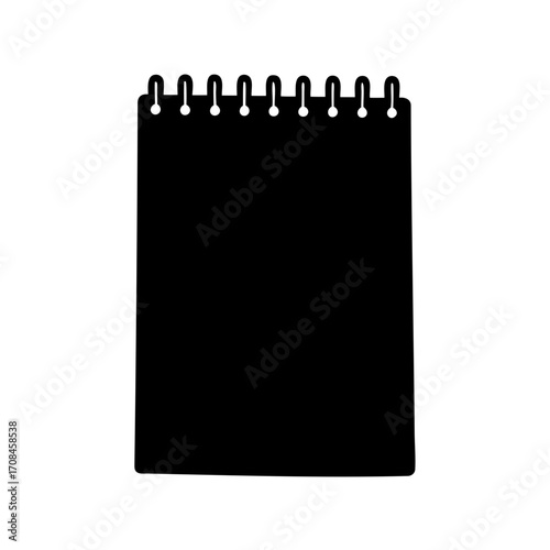 Simple black silhouette illustration of a notepad with a spiral binding design