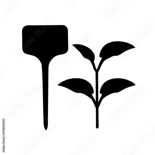 Simple illustration of a plant seedling and a plant label marker