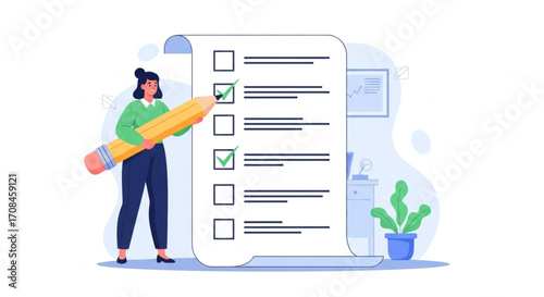 Businesswoman ticking completed tasks on a giant checklist with a pencil. Vector illustration for project management and goal achievement