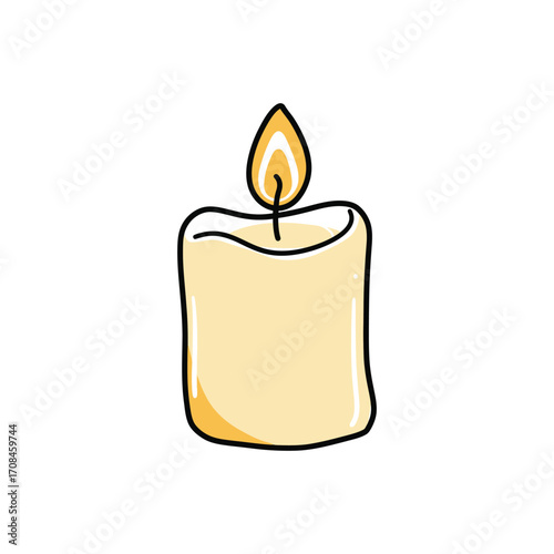 Hand-drawn illustration of a cream candle softly glowing with a warm orange flame, symbolizing peace, comfort, and serene ambiance for contemplation or celebration