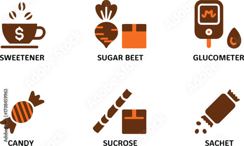 Sweetener and Sugar Icon Set – Coffee, Sugar Beet, Glucometer, Candy, Sugar Cane, Granulated Sachet