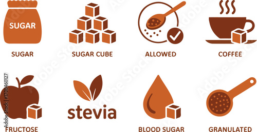 Sugar and Sweetener Icon Set – Sugar Cubes, Coffee, Fructose, Stevia, Blood Sugar, Granulated Sugar