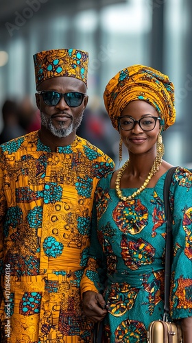 A couple in vibrant, patterned African clothing.  Smiling, close-up portrait
