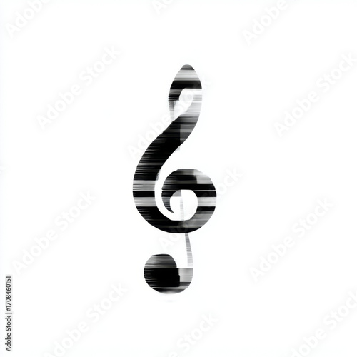 Glitch effect treble clef icon, dynamic black and white, representing digital music and modern sound, with copy space