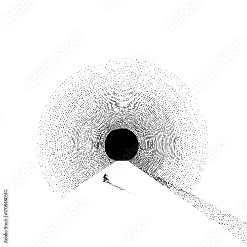 Black and white tunnel illustration with cyclist riding into the void abstract art design concept drawing vector