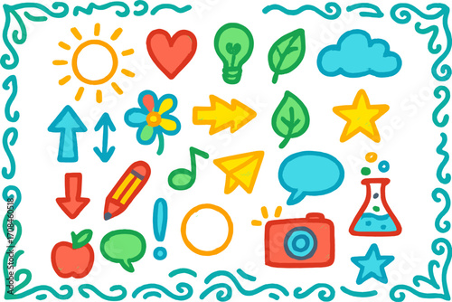 Colorful doodles of nature and creativity decorate a blank background with various fun shapes and symbols