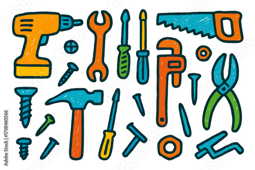 Collection of colorful hand tools illustrated in a playful and artistic style for DIY enthusiasts and craftsmen