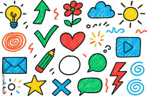Colorful hand-drawn doodles showcasing various symbols and icons related to creativity and positivity