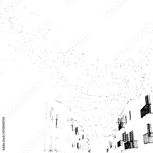 Street view of old town architecture with balconies and buildings black and white drawing style illustration