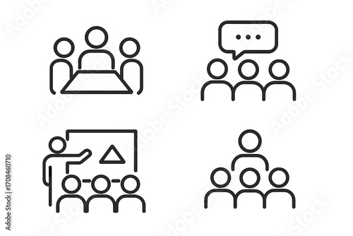 Group discussions and presentations taking place in a meeting environment during daytime