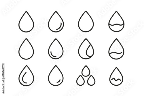 Different styles of water droplets designed in simple line art for various creative uses