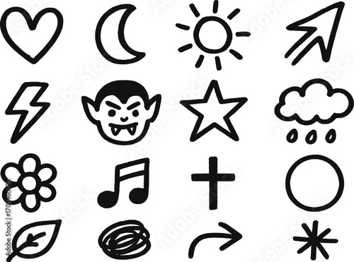 Collection of simple black line drawings featuring various symbols including stars, hearts, and weather icons in a grid layout