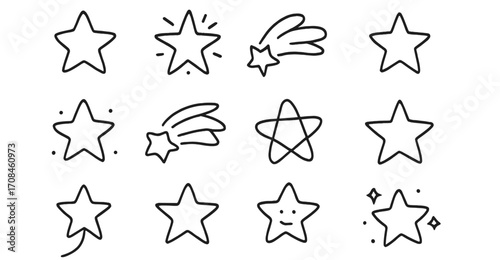 Fun hand-drawn star designs with shooting stars and sparkles in a simple black and white style