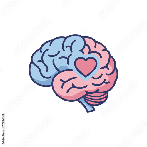 Conceptual illustration of the human brain with a heart, symbolizing the harmony between feelings and thoughts for mental wellness