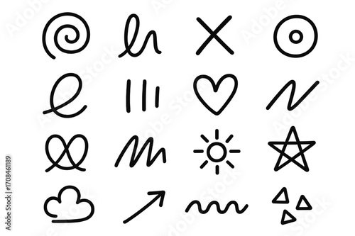 Unique hand-drawn symbols and shapes showcasing creativity and artistic expression in black ink on a white background