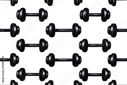 Pattern of black dumbbells on a white background for fitness enthusiasts and gym lovers