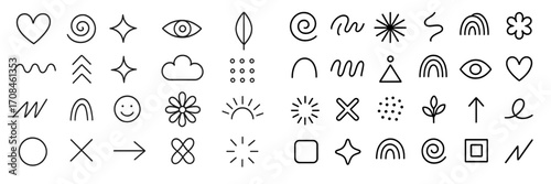 Simple and creative black icons on white background showcasing various shapes and symbols for design inspiration