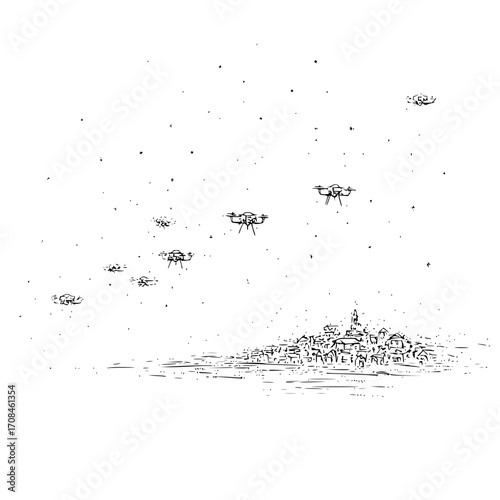 Aerial drone photography cityscape skyline black and white sketch drones flying over city landscape scene art