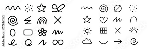 Creative collection of simple abstract doodles and icons showcasing various designs and shapes for art projects