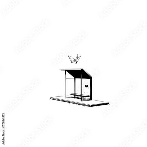 Black and white minimalist bus stop shelter with paper crane vector illustration graphic design artwork