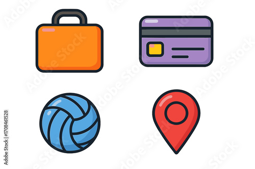 Icons representing travel essentials, sports, and location marked by symbols in a flat design style