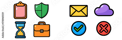Colorful icons representing various concepts including security, communication, and time management in a digital design setting