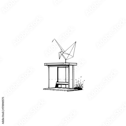 Black and white line art of bus stop with origami crane drawing design vector illustration graphic artwork