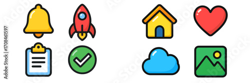 Colorful icons representing various digital activities and concepts for user interface design
