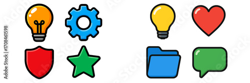 Colorful icons representing creativity, innovation, and communication in a modern design style