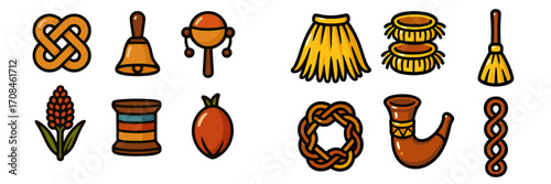 Colorful collection of decorative symbols and musical instruments on a white background