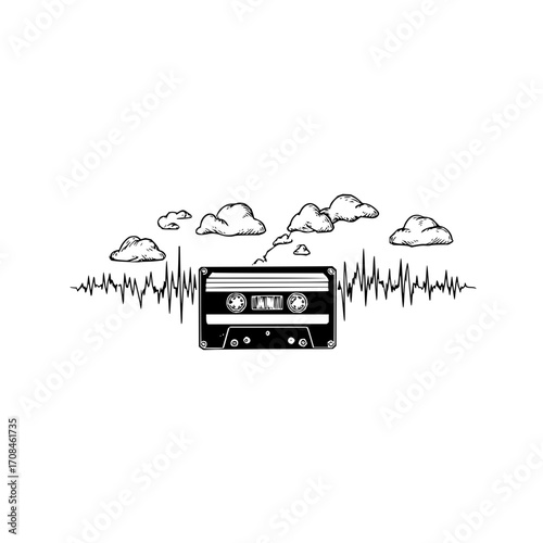 Vintage cassette tape audio wave clouds illustration for retro music lovers and nostalgia enthusiasts art print