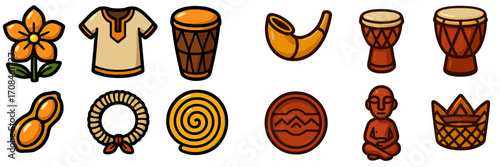 Colorful symbols of culture displayed on a vibrant background showcase traditional art forms and cultural artifacts