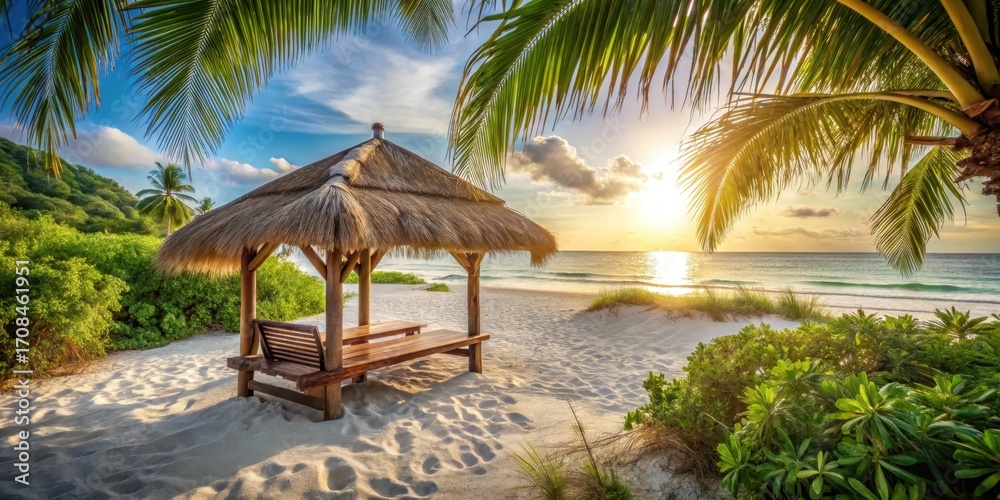Fototapeta premium A serene beach scene with a wooden bench under a thatched roof shelter surrounded by lush greenery and soft white sand
