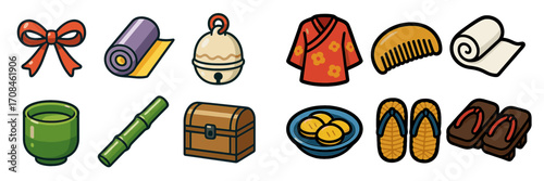 Colorful collection of traditional Japanese items including clothing, tea, and accessories representing cultural heritage
