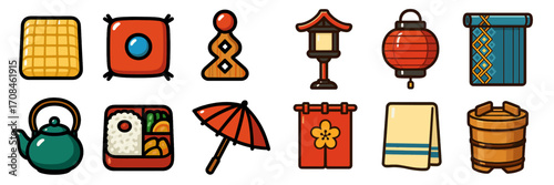 Colorful icons representing traditional Asian culture and items in a vibrant and playful style